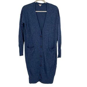 Gap Size Small Denim Blue Heather Long Cardigan Wool Blend V-Neck Button Front
